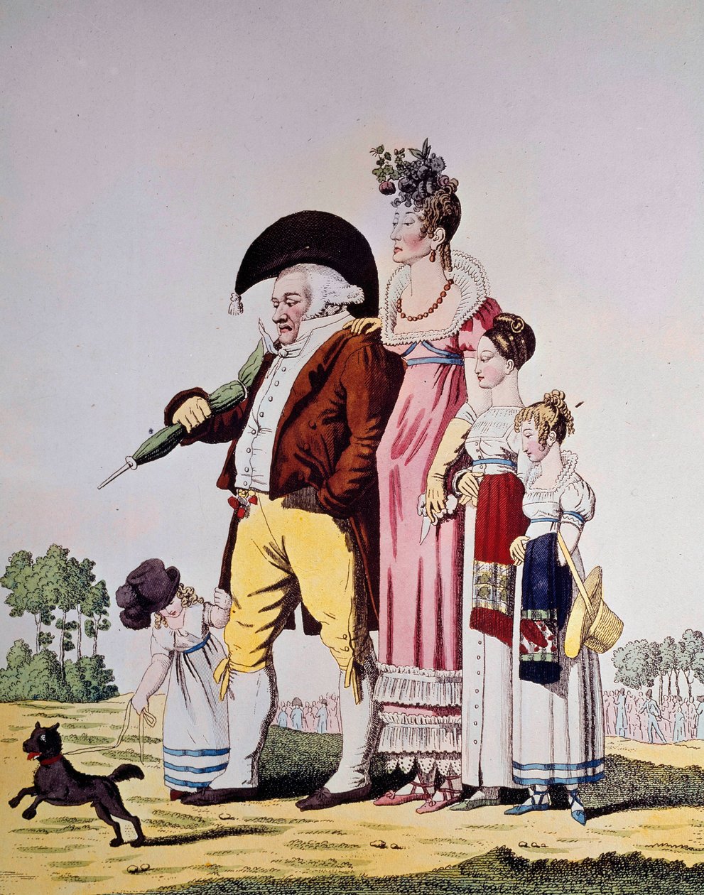 Alman burjuva Pazar günü elbiseli bir Alman ailesini temsil eden Pazar Karikatürü yürüyüşü. 19. yüzyılın gravürü. Berlin. Sanat Bibliothek by German School