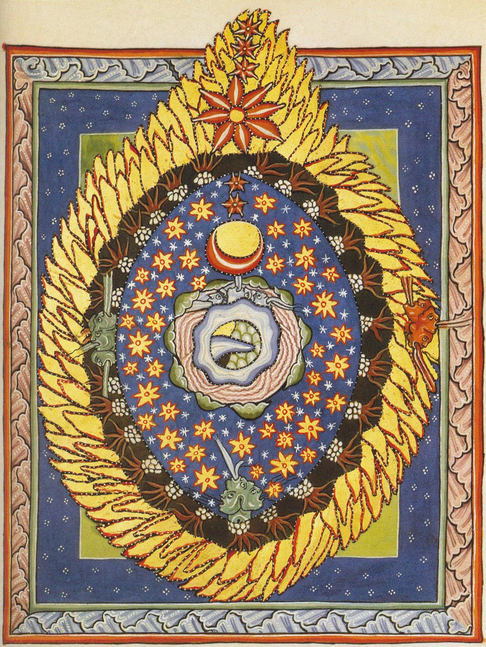 Tanrı, Kozmos ve İnsanlık. Bingen'li Hildegard tarafından Liber Scivias'tan minyatür, c.1175 (parşömen üzerine suluboya) by German School