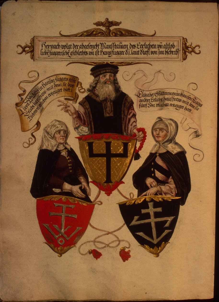 Hans Fugger ve iki karısı Clara Widolf ve Elisabeth Gfattermann, Fugger ailesinin Gizli Onur Kitabı