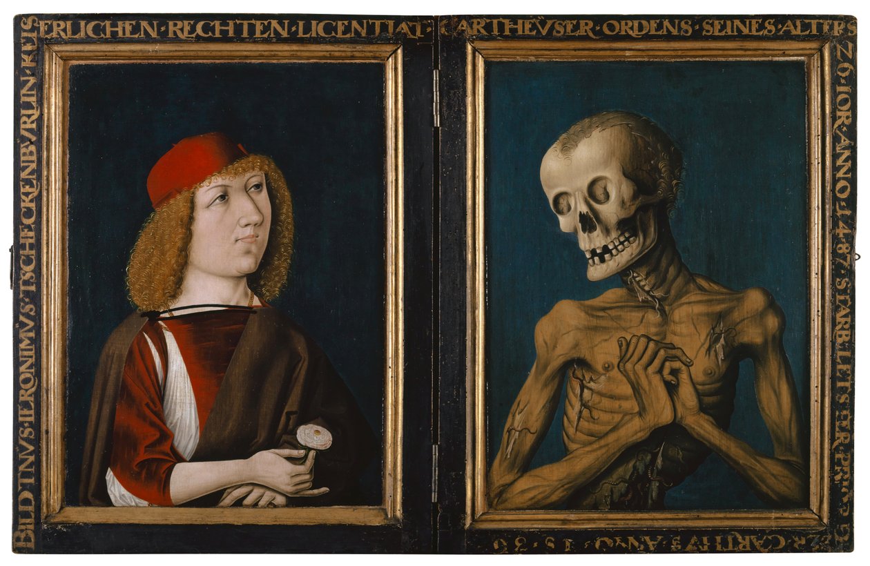 Hieronymus Tscheckenbürlin ve Ölümün Kişileştirilmesi, 1487 (ıhlamur ağacı üzerine karışık teknik) by German School