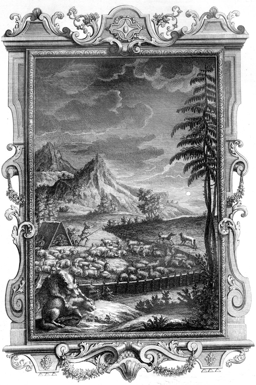 Sadık Çoban Yakup, koyun sürüsünü kurtların saldırısından koruyor, 1731 (bakır levha gravürü) by German School