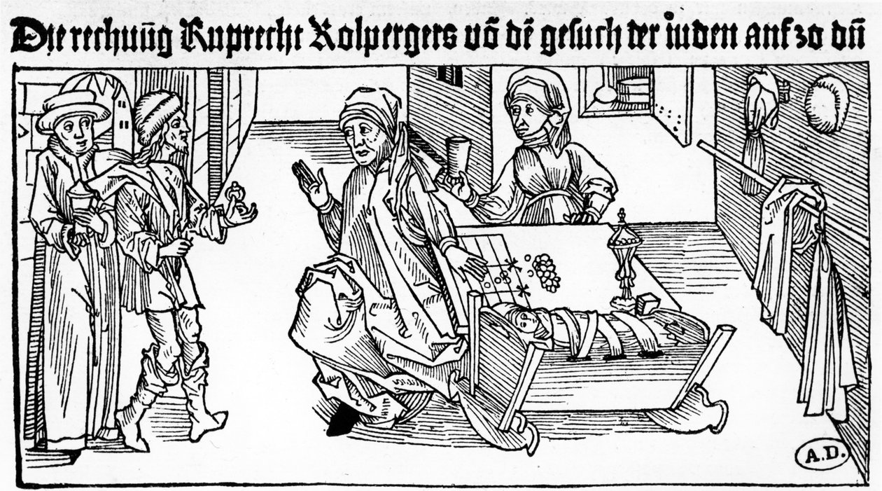 Yahudi tefeci, ailesiyle müşteri alıyor, 1491 (ahşap oyma) by German School