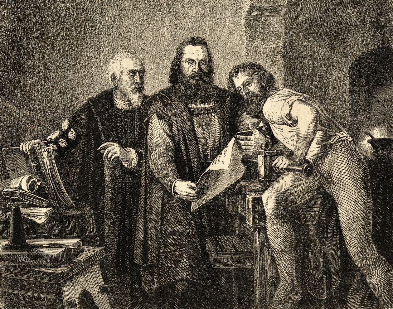 John Faust (c.1400-66) John Gutenberg (1400-68) ve Peter Schoeffer (c.1425-1503) by German School