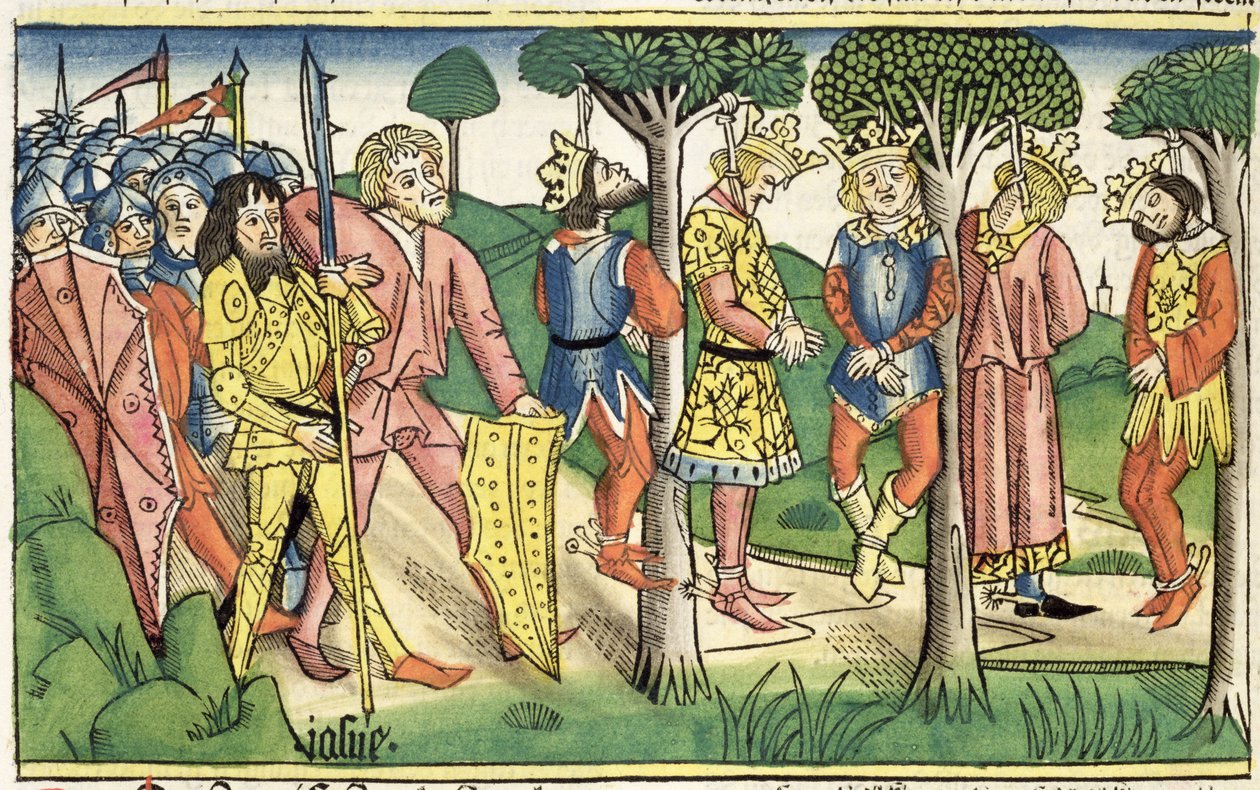 Joshua 10 16-27 Beş Kralın İnfazı, 'Nürnberg İncil'inden (Biblia Sacra Germanaica)' (renkli gravür) by German School
