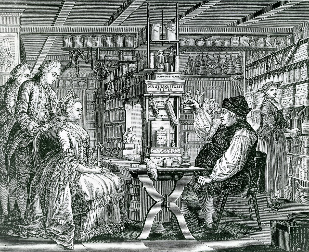 La Pharmacie Rustique, Bartolomaus Hubner (1727-1795), 1774 tarafından yapılan baskı by German School