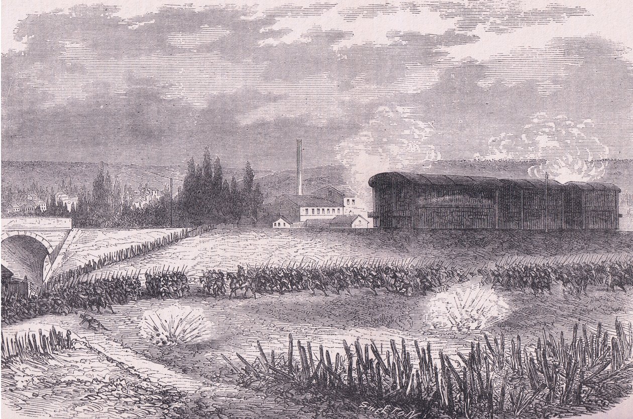 Lokomotif pilleri çalışırken, Cassells History of the War Fransa ve Almanya arasındaki Cassell ve Company Limited tarafından yayınlandı, c.1890 (litho) by German School