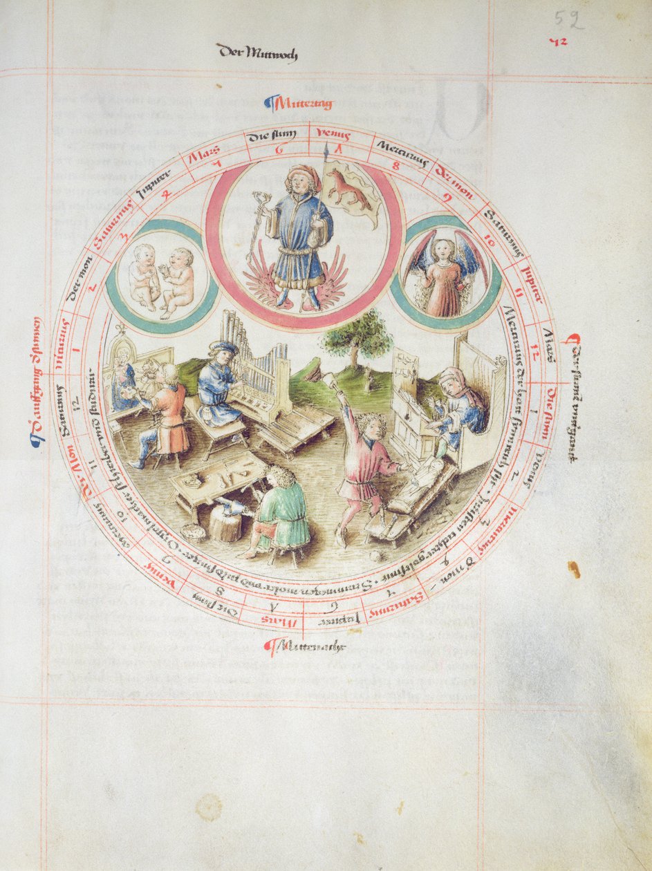MS 2a Astron 1, fol 5.2 Çarşamba gününü gösteren astrolojik tablo by German School