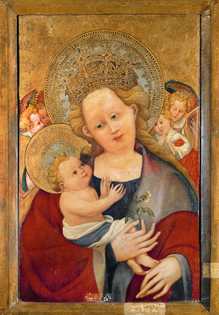 Bezelye çiçeği ile Madonna (ahşap üzerine tempera) by German School