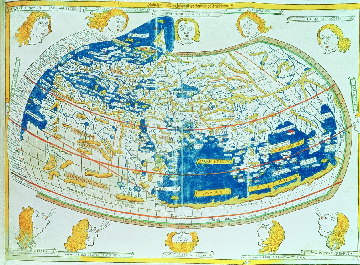 Ptolemy (İskenderiyeli Claudius Ptolemaeus) (MS 90-168) tarafından "Geographia"da verilen tanımlamalara ve koordinatlara dayalı dünya haritası, Ulm, Almanya