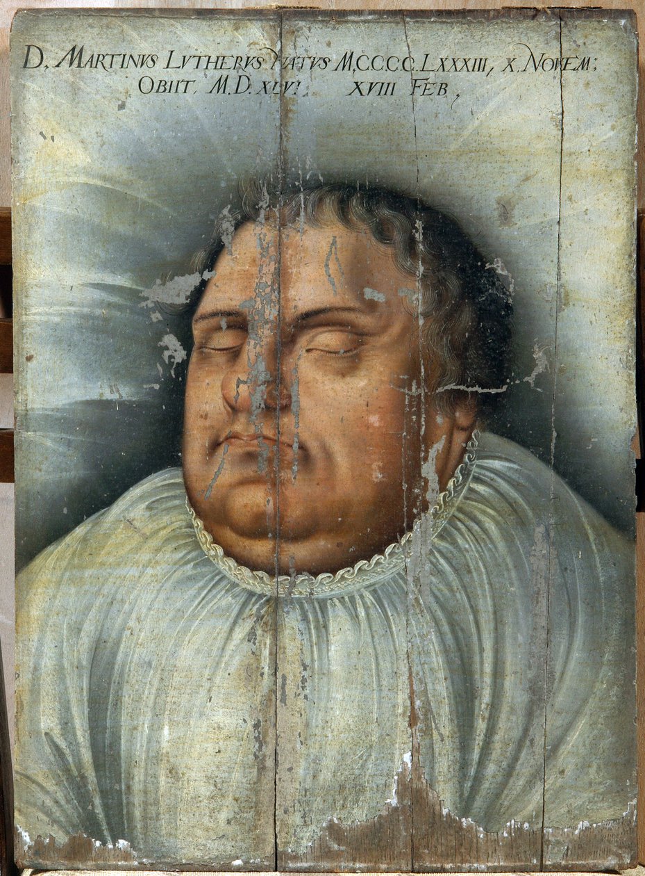 Martin Luther (1483-1546) ölüm döşeğinde (M. Luther Ölüm Yatağında). Anonim resim, ahşap üzerine yağlı boya by German School