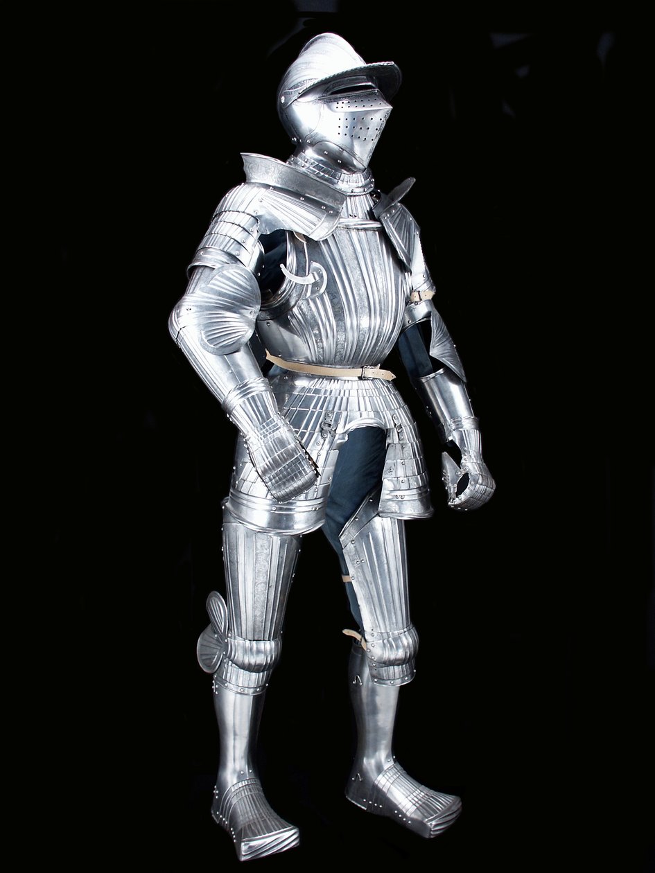 "Fico" grubunun "Maximilian" alan zırhı, ilişkili kask ile, c.1525–30, c.1805 dekore edilmiş (modern deri ve restorasyonlarla kazınmış çelik) by German School