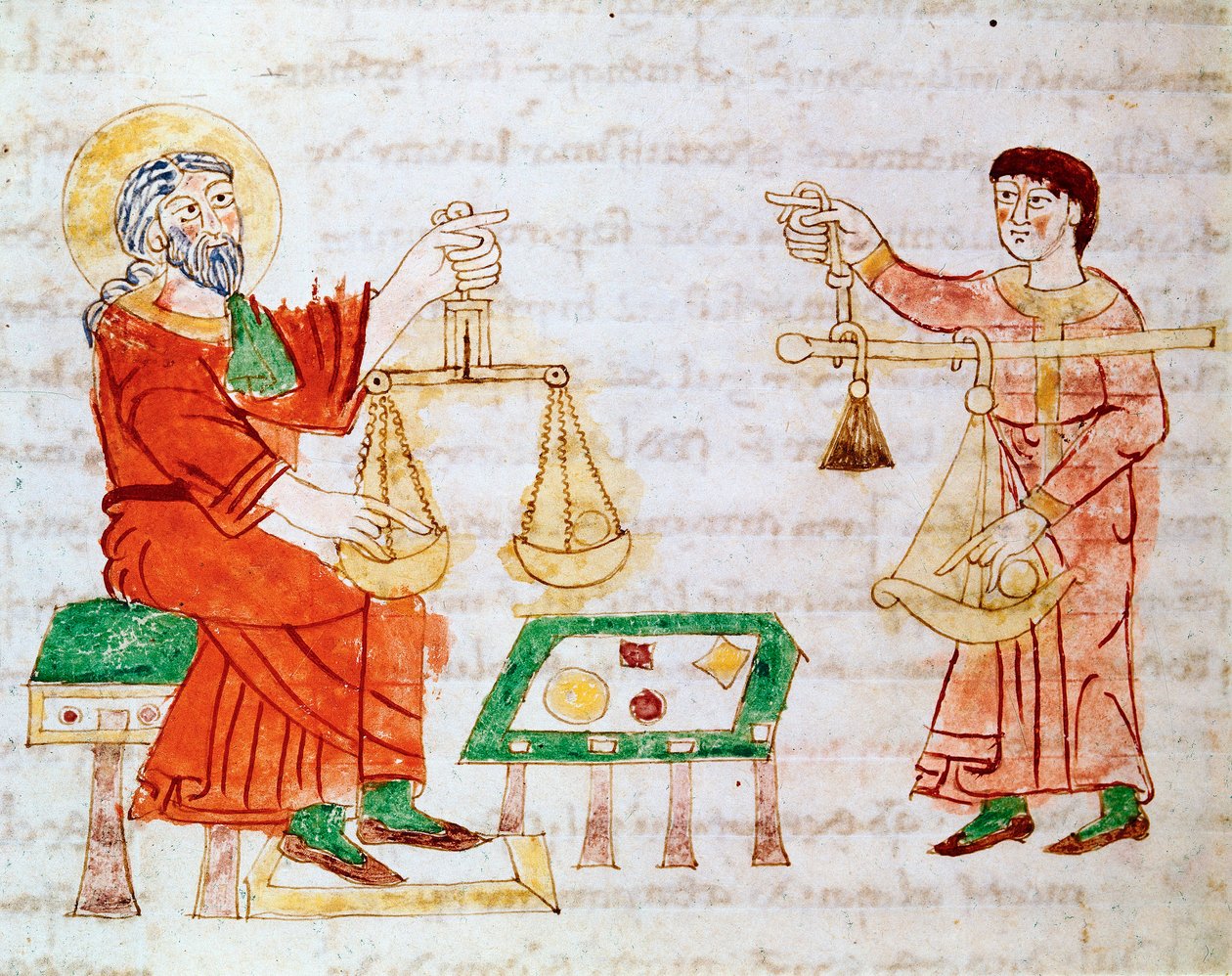 Tartmak ve pazarlık yapmak için terazi kullanan tüccarlar. Minyatür, Rabanus Maurus Magnentius (veya Raban Maur veya Rabano Mauro, yaklaşık 780-856) tarafından "" De Universo" veya "" De rerum naturis" (Şeylerin Doğasından) adlı el yazmasından alınmıştır.  by German School