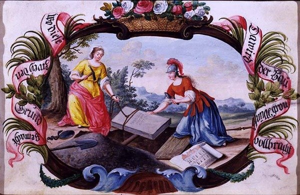 Mimariyi Temsil Eden Figürlü Minerva, c.1640 (parşömen üzerine guaş) by German School