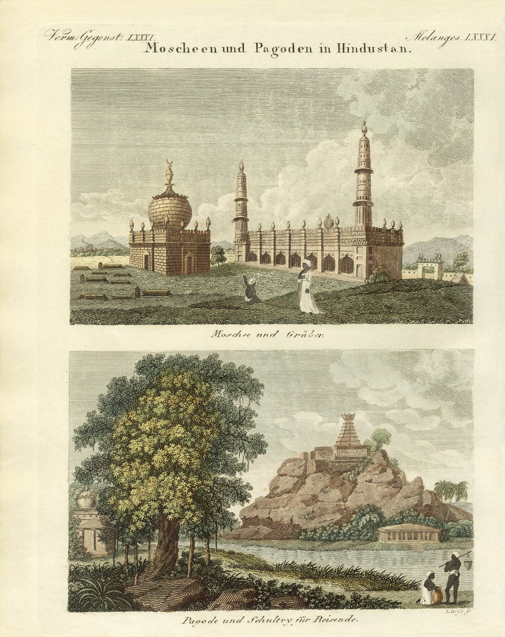 Hindustan'daki camiler ve pagodalar (renkli gravür) by German School