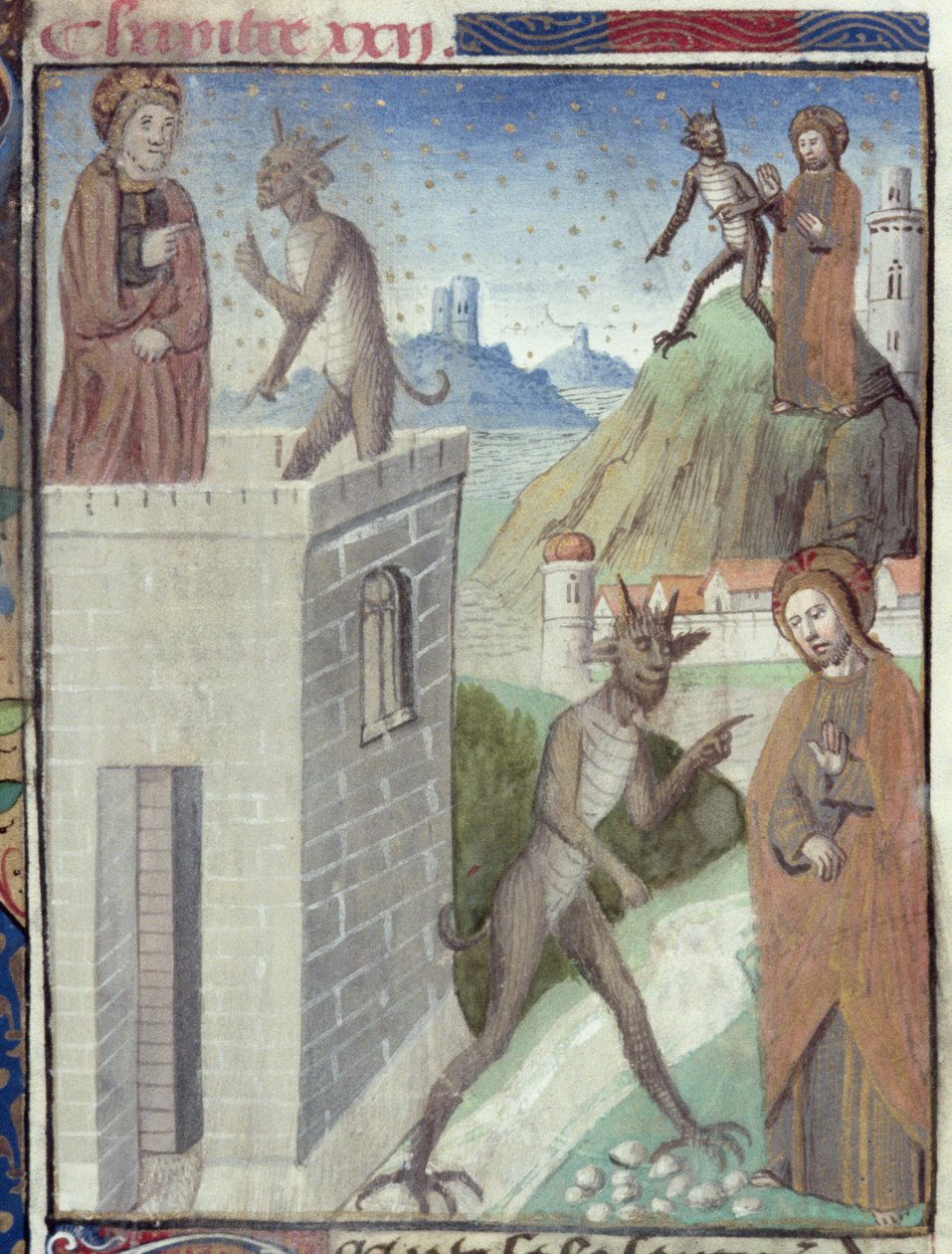 Ms Hunter 36 f.110r The Three Scenes of the Temptation, Vita Christi