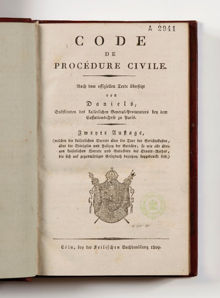 Ren sol yakasının Fransız departmanları için Napolyon medeni usul kanunu, başlık sayfasında açık, Koln, 1809 (basılı kağıt) by German School