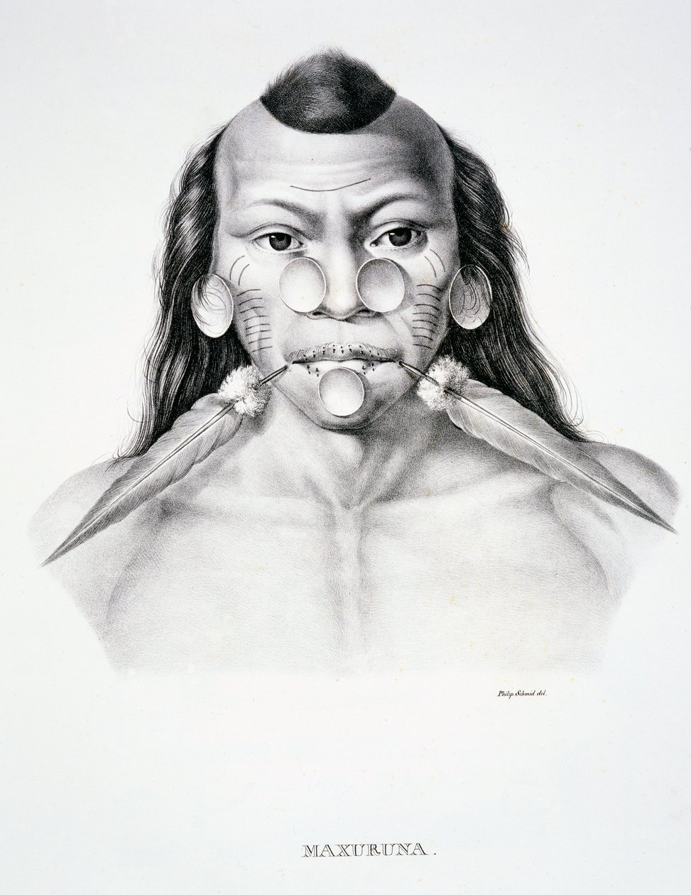 Maxuruna kabilesinin yerli adamı, yüz süslemeli, Atlas of a Journey in Brazil