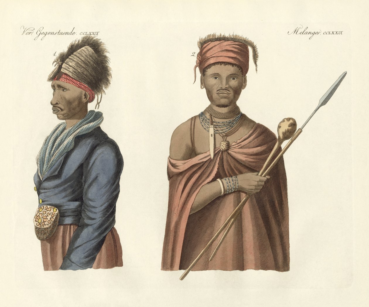 Güney Afrika yerlileri (renkli gravür) by German School