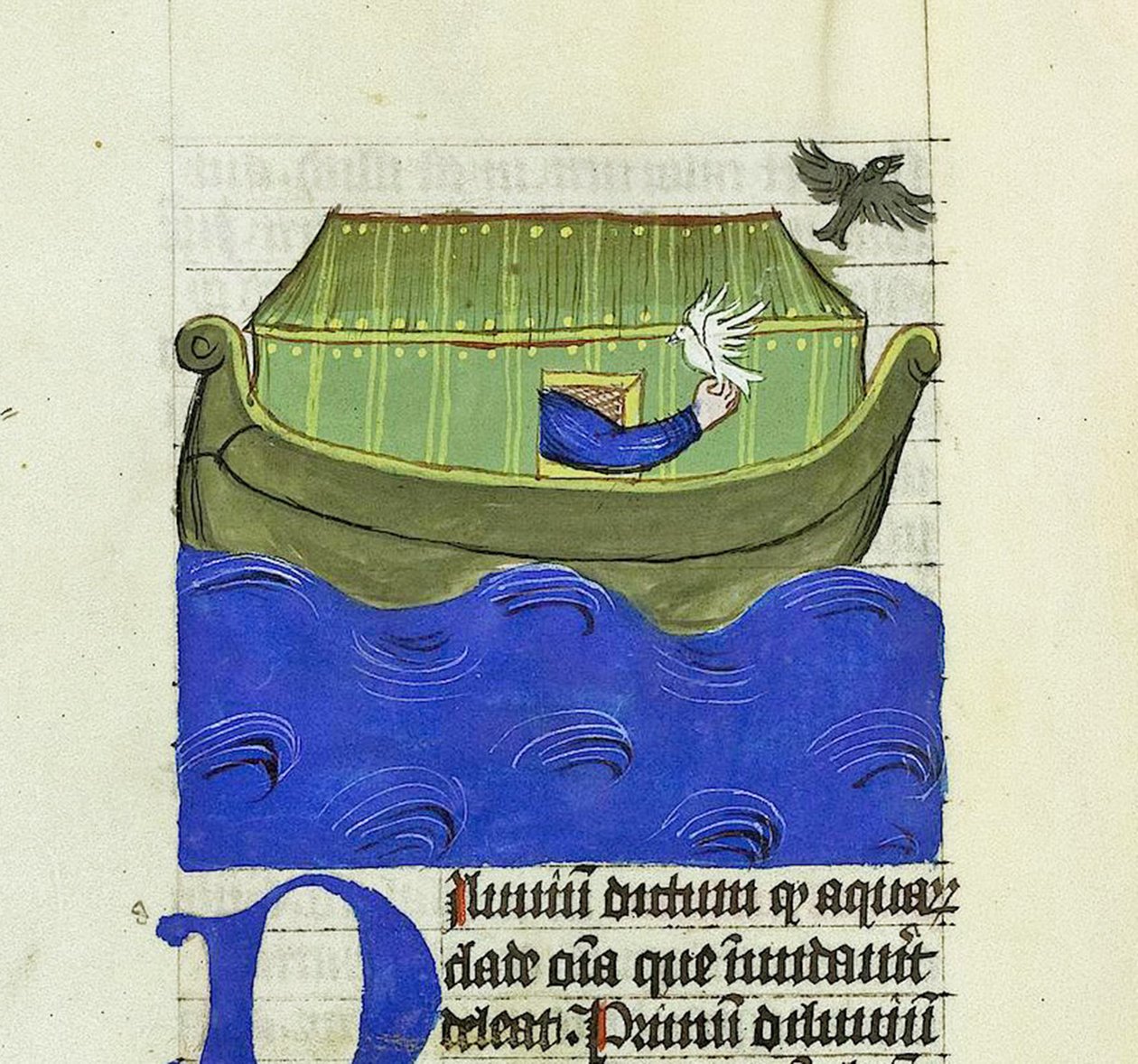 Nuh güvercin ve kuzgunu serbest bırakıyor, De Rerum Natura - Rabanus Maurus, c.1425 (Parşömen üzerine guaj boya) by German School