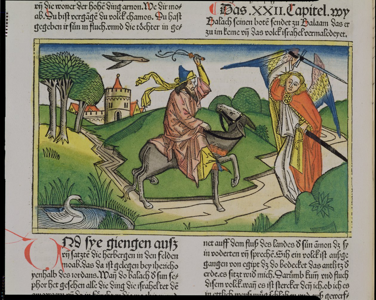 Sayılar 22 20-35 Balaams konuşan eşek, Nürnberg İncilinden (Biblia Sacra Germanaica) (renkli gravür) by German School