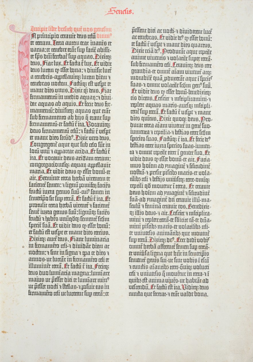 Johannes Gutenberg (c.1400-68) ve Peter Schoeffer (1425-1502) tarafından Mainz, 1454-56 (basılı kağıt) tarafından basılan Gutenberg İncilinden Genesis kitabının açılış sayfası by German School
