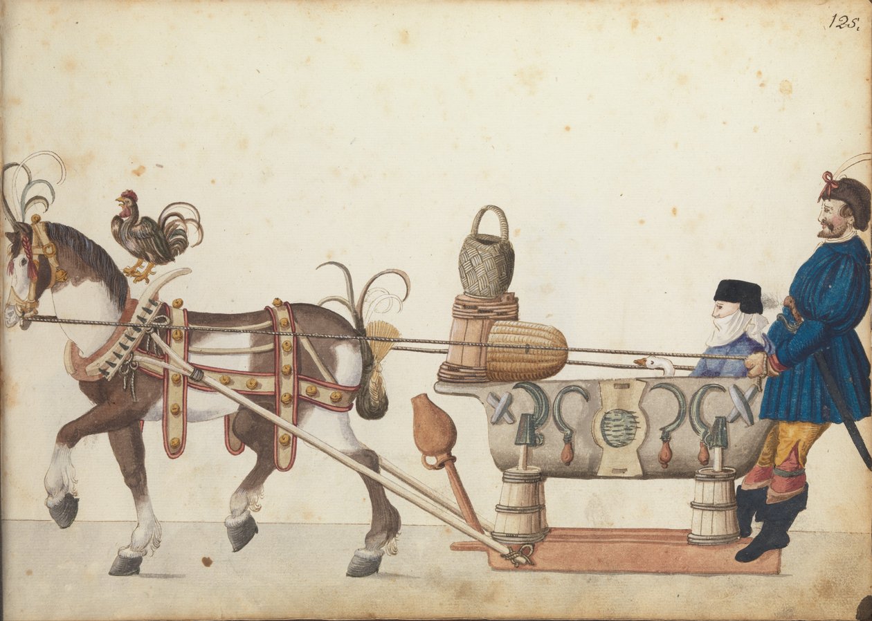 Geçit töreninde yarışma kızağı, c.1640 (kalem ve mürekkep, sulu boya ve yıkama) by German School