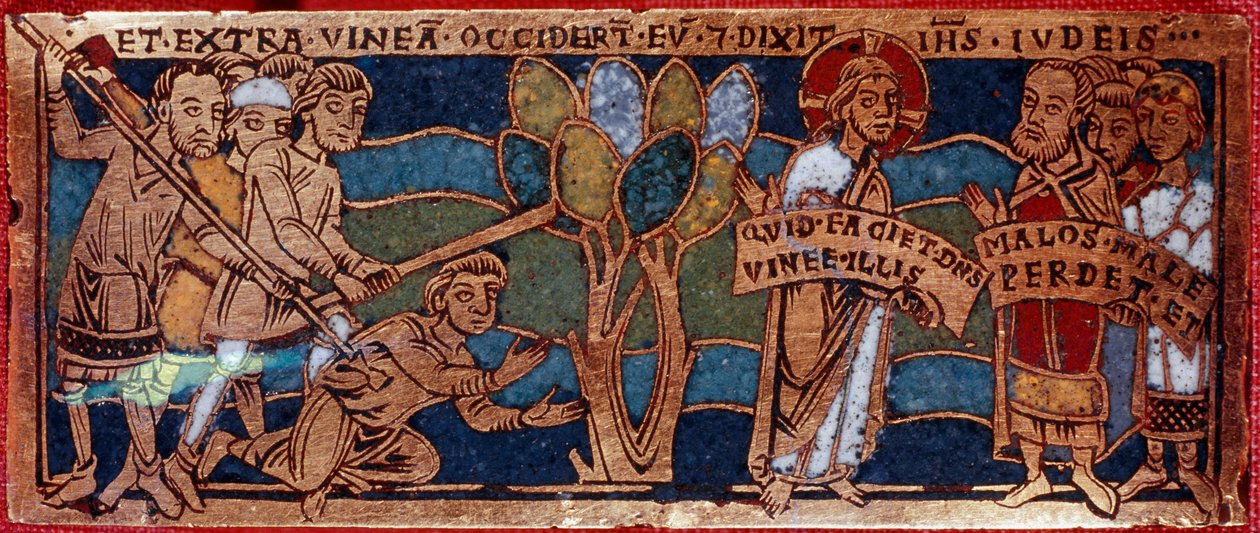 Asma işçilerinin benzetmesi veya onbirinci saatin işçilerinin benzetmesi. Bakır üzerine emaye plaka. Renan okul. 12. yüzyıl. Floransa, Nazionale Museo del Bargello by German School