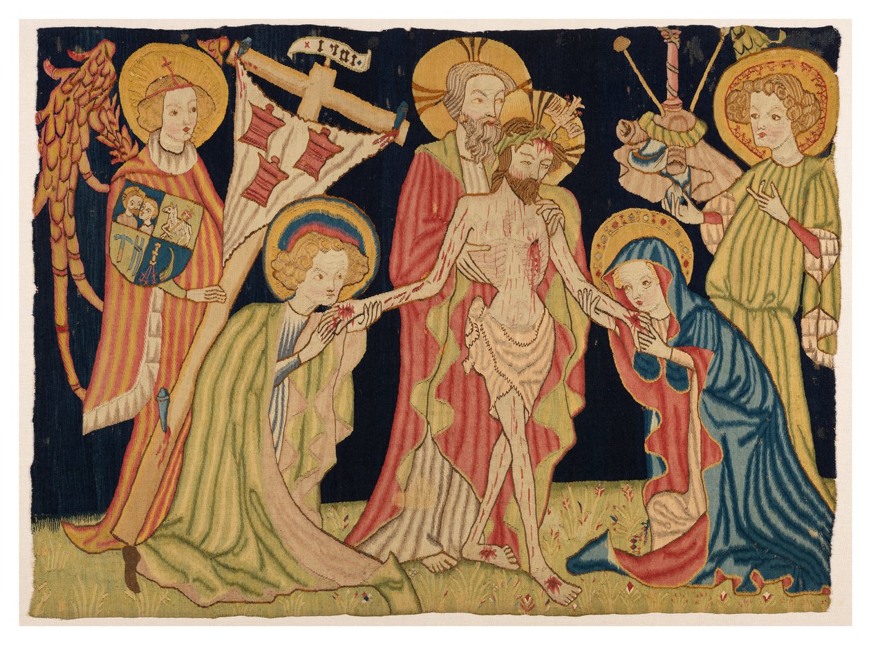 Nürnberg'den Kutsal Üçlü, Meryem Ana, Aziz Yuhanna ve iki Meleği tasvir eden sunak ön duvar halısının bir parçası, 1420 dolayları (yün ve keten) by German School