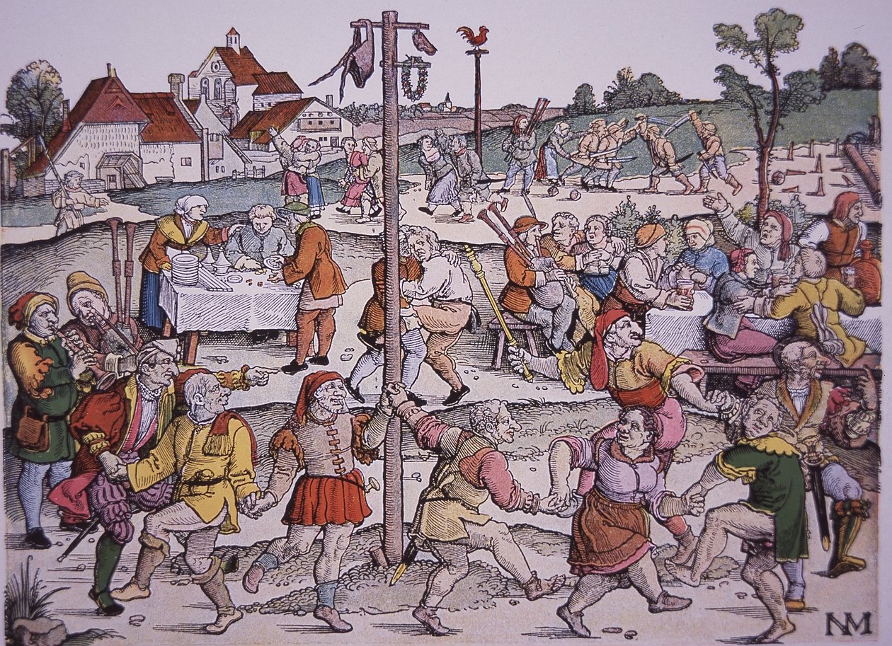 Dans eden köylüler (el boyaması gravür) by German School