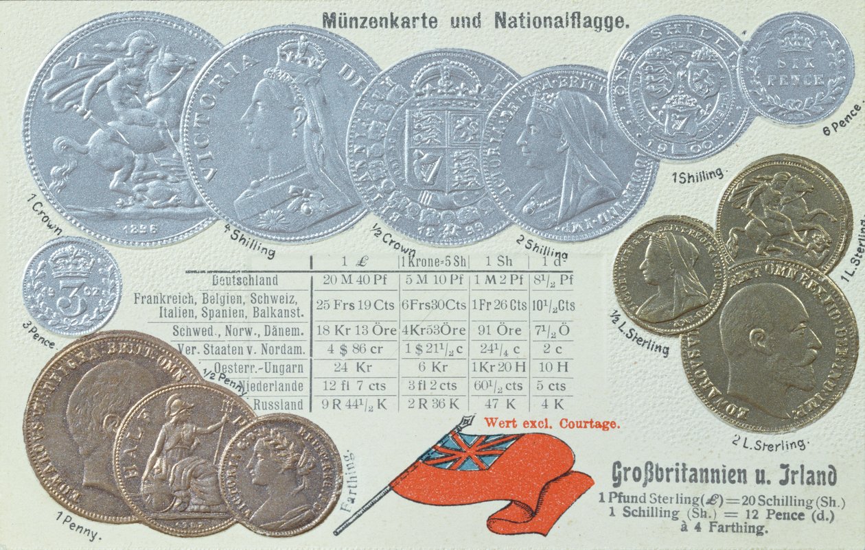 İngiliz para birimini ve diğer Avrupa paralarındaki eşdeğerlerini gösteren kartpostal, c.1905 by German School