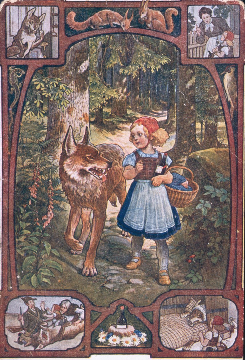 Kırmızı Başlıklı Kız'dan sahneleri gösteren kartpostal, 1910 dolayları by German School