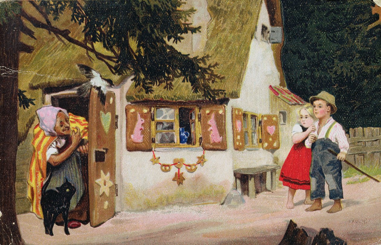 Hansel ve Gretel'i zencefilli kurabiye evine girmeye davet eden cadıyı gösteren kartpostal, 1910 dolayları by German School