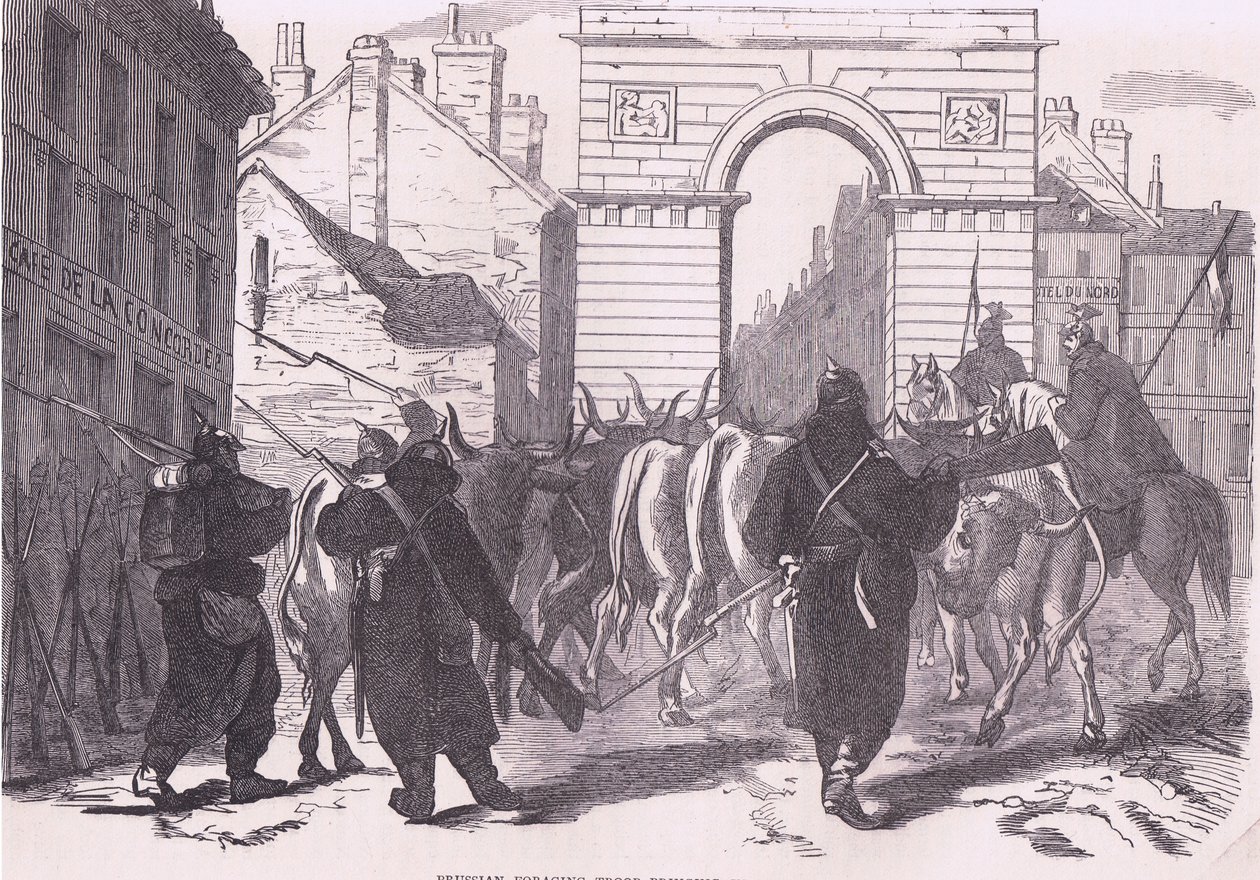 Sığır getiren Prusya toplayıcı birlikleri, Cassell ve Company Limited tarafından yayınlanan Cassells History of Fransa ve Almanya arasındaki Savaşın Tarihi, c.1890 (litho) by German School