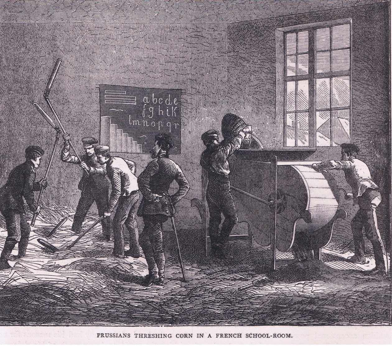 Bir Fransız okul odasında mısır harmanlayan Prusyalılar, Cassell ve Company Limited tarafından yayınlanan Cassells History of the War Fransa ve Almanya arasındaki, c.1890 (lito) by German School
