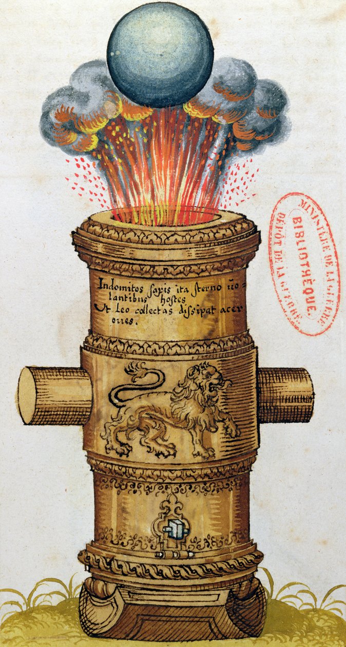 Yükseltilmiş top, top mermisi atıyor, The Art of Artillery, 1570 (wc) by German School