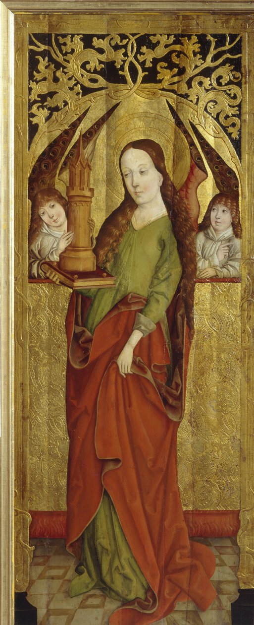 Sainte Barbe veya Barbe the Great Şehit (3. yüzyıl). (Aziz Barbara). Bir plato üzerinde üç pencereli bir kule taşıyan. 1470-1480 dolaylarında, bir Westphalia ustasının (1470 ve 1480 arasında aktif), ahşap üzerine yağlı boya tablosu. alman sanatı by German School
