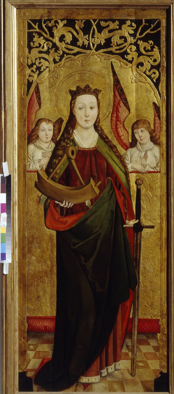 İskenderiyeli Aziz Catherine (290-307 dolaylarında) (Aziz Catherine). Şehitliğinin işkence çarkından bir parça taşıyor. 1470-1480 dolaylarında, bir Westphalia ustasının (1470 ve 1480 arasında aktif), ahşap üzerine yağlı boya tablosu. alman sanatı by German School