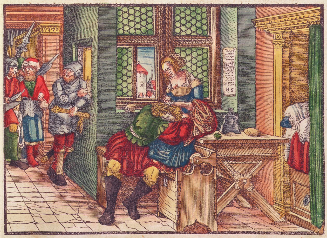 Samson ve Delilah, Luther İncilinden, c.1530 (renkli gravür) by German School