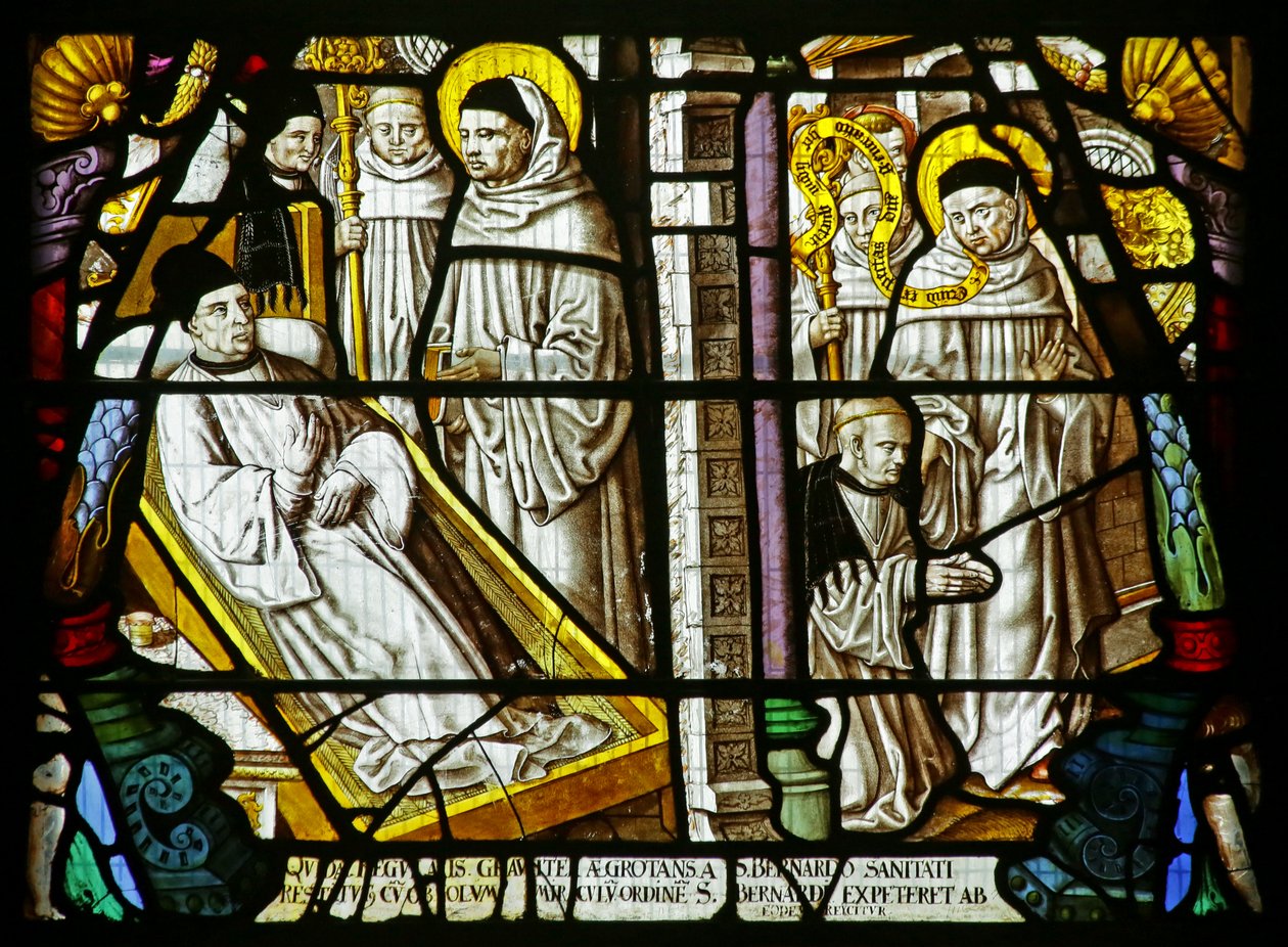 St Bernard, daha sonra tarikata katılmak isteyen hasta bir adamı iyileştirir - ancak gönderilir, c.1500 (vitray) by German School