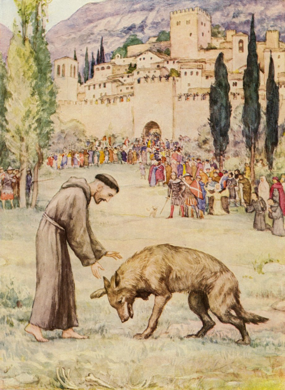 Aziz Francis ve Gubbio Kurdu (renkli taş baskı) by German School