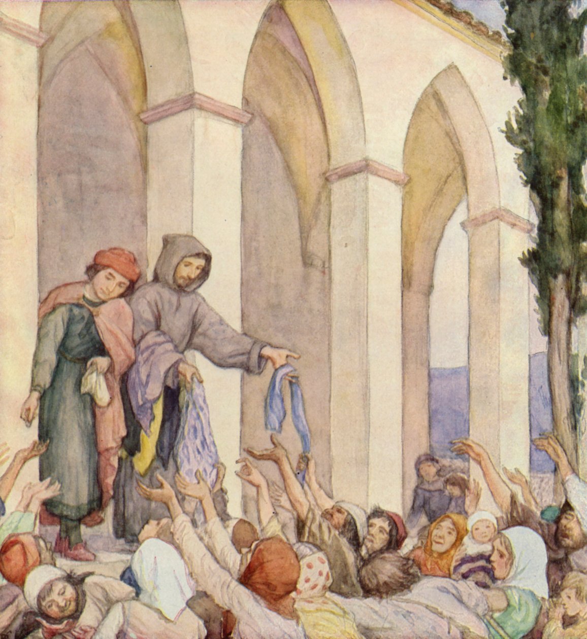Aziz Francis yoksullara yardım ediyor (renkli taş baskı) by German School