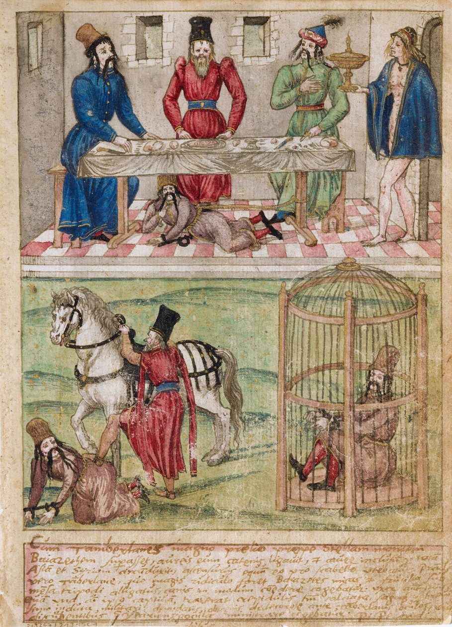Sultan I. Bayezid (Bajazet) (yaklaşık 1360-1389) 1402 Ankara savaşından sonra Timur (1336-1405) (veya Timur Lang, "Topal Timur") tarafından esir alındı. 16. yüzyıldan kalma parşömen üzerine suluboya Alman ustası. Özel koleksiyon by German School