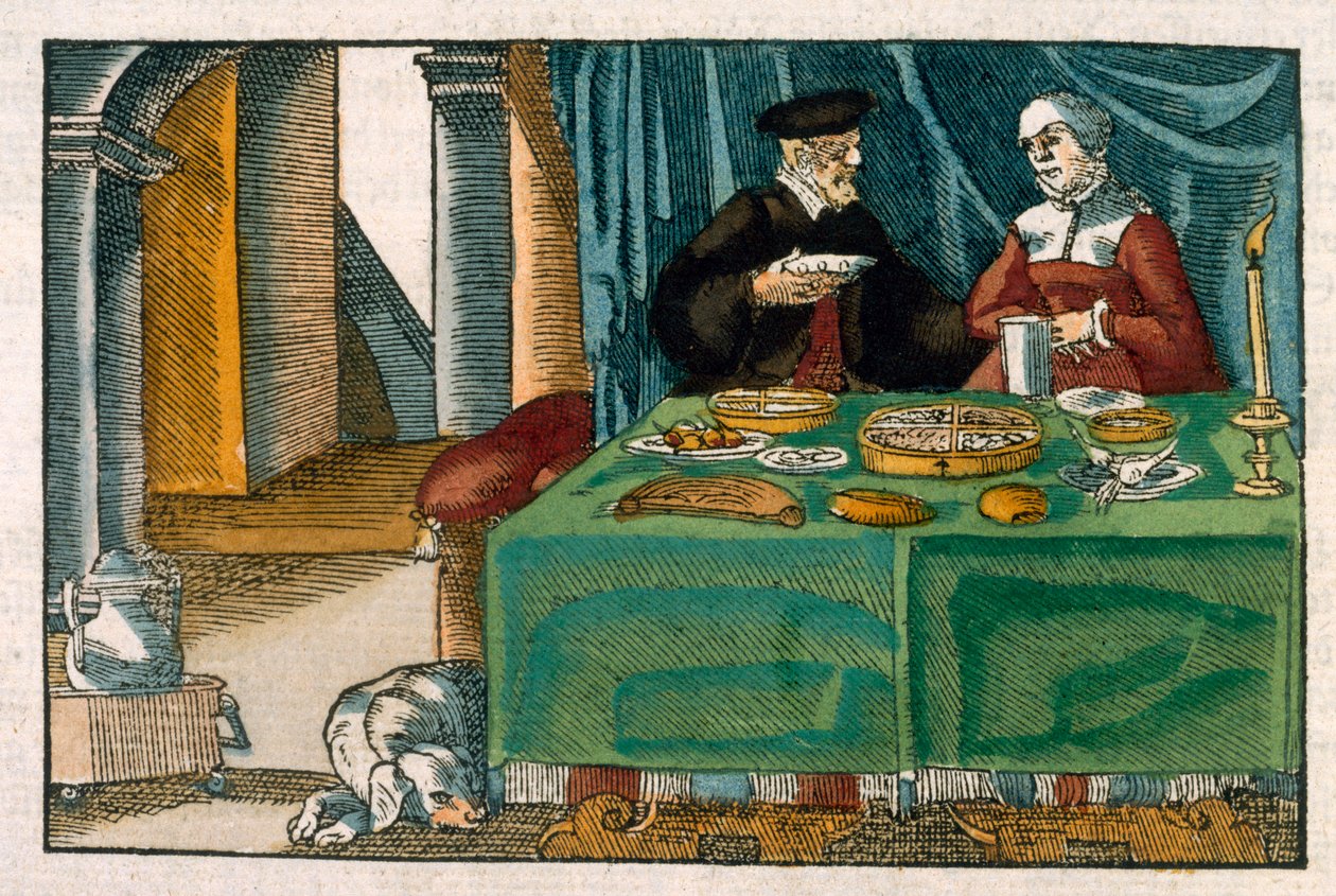 Akşam yemeği masası, bir Alman el yazmasından, c.1650 (el boyaması gravür) by German School