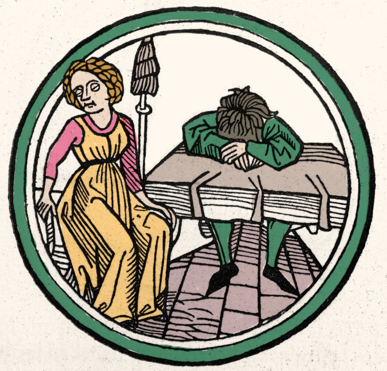 Dört Mizaç: Melankolik (üzgün ve depresif) Xylography, Augsburg 1480 by German School
