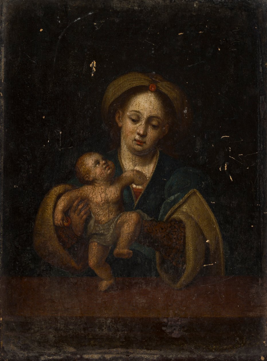 Madonna ve Çocuk (meşe panel üzerine yağlı boya) by German School