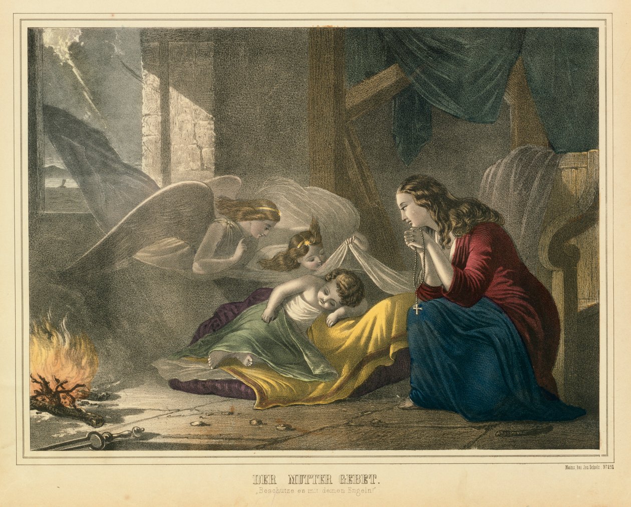 The Mothers Prayer, J. Scholz, Mainz, c.1850 tarafından yayınlanan resimli geniş sayfa by German School