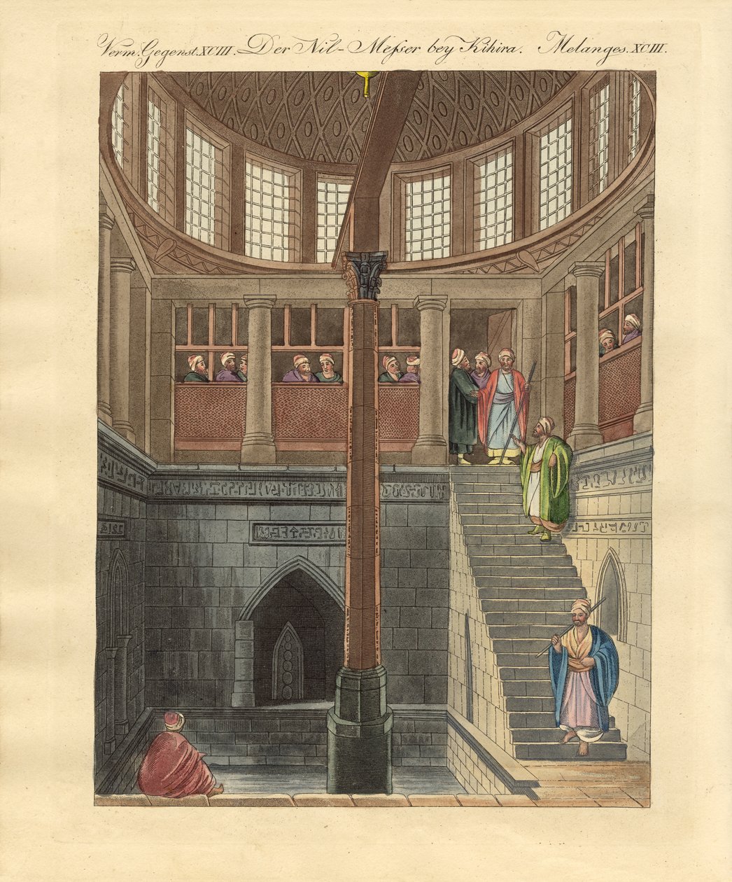 Kahire yakınlarındaki Rawda adasındaki Nilometre (renkli gravür) by German School