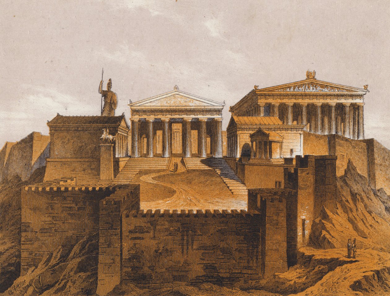 Propylaea, antik Atina, Yunanistan (renkli lito) by German School