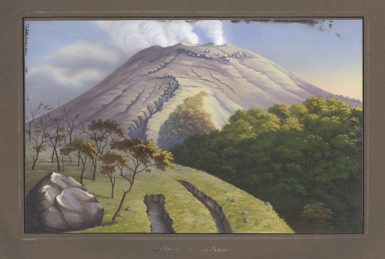 5231 fit yükseklikten görüldüğü gibi Merapi zirvesinin güney tarafı, Eylül 1836, pl.VII, Topographischer und Naturwissenschaftlicher Atlas zur Reise durch Java, Dr. Bayan Junghuhn, Magdebur by German School