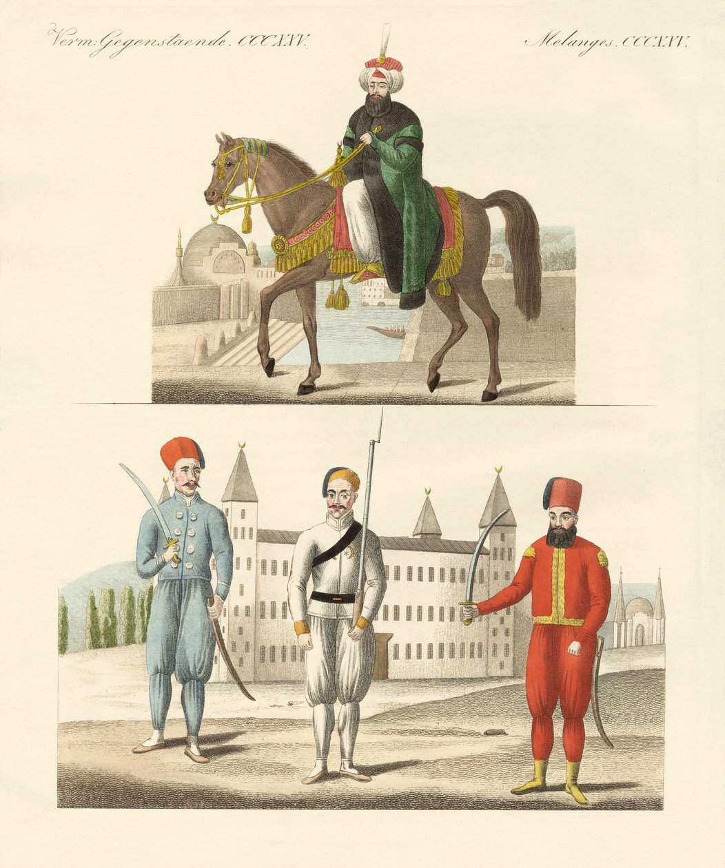 Türk padişahı Mahmud ve yeni birlikleri (renkli gravür) by German School